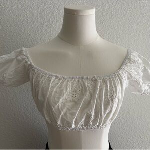 Edikted White Eyelet Off-Shoulder Cropped Top